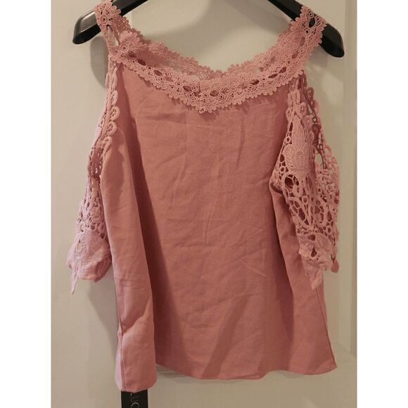 Lucklisa Pink Lace-Accent V-Neck Three-Quarter Sleeve Top S - Picture 2 of 9